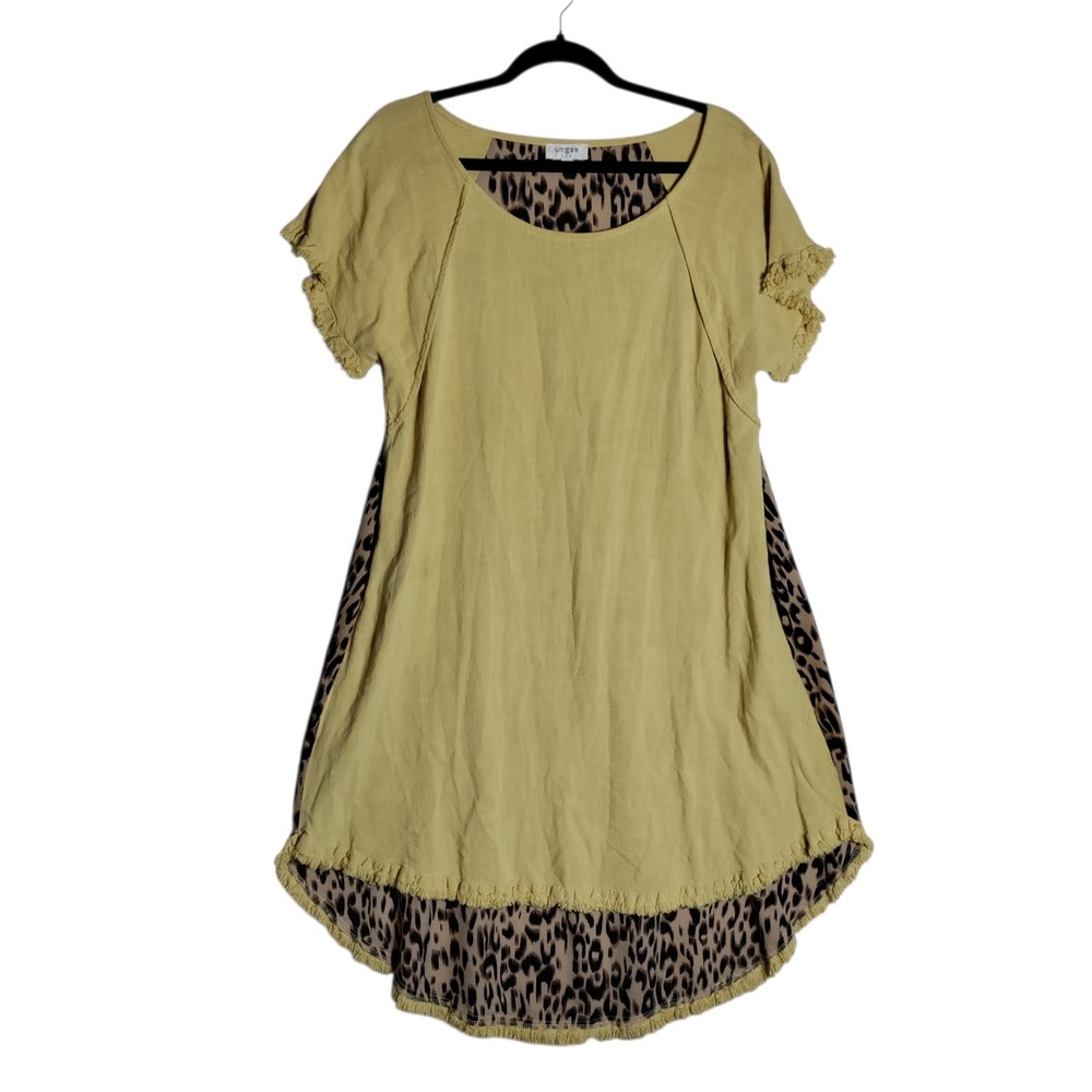 Umgee USA Mustard Yellow Linen Blend Leopard Print High Low Fringe Dress Medium